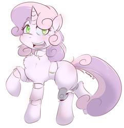 Size: 1200x1240 | Tagged: safe, artist:balooga, sweetie belle, pony, robot, robot pony, unicorn, g4, blank flank, chest fluff, female, filly, fluffy, foal, hooves, horn, open mouth, simple background, solo, sweetie bot, teeth, white background