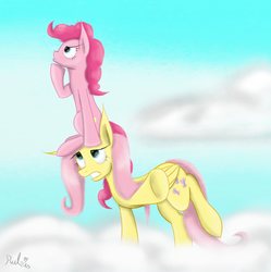 Size: 1074x1080 | Tagged: safe, artist:rulsis, fluttershy, pinkie pie, earth pony, pegasus, pony, g4, female, mare, sitting on head