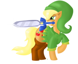 Size: 3200x2627 | Tagged: safe, artist:karyobinga, applejack, earth pony, pony, g4, crossover, female, link, mouth hold, raised hoof, simple background, solo, sword, the legend of zelda, weapon