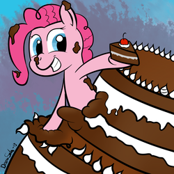 Size: 1000x1000 | Tagged: safe, artist:dreamsnake, pinkie pie, earth pony, pony, g4, cake, cherry, female, popping out of a cake, solo