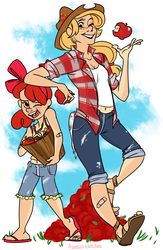 Size: 670x1025 | Tagged: safe, artist:duckprince, apple bloom, applejack, human, g4, apple, humanized, sandals, sisters