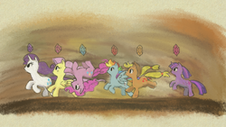 Size: 1920x1080 | Tagged: safe, artist:hollowzero, applejack, fluttershy, pinkie pie, rainbow dash, rarity, twilight sparkle, g4, elements of harmony, parody, wallpaper