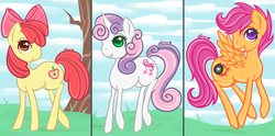 Size: 1024x507 | Tagged: safe, artist:chao-illustrations, apple bloom, scootaloo, sweetie belle, g4, cutie mark crusaders, older