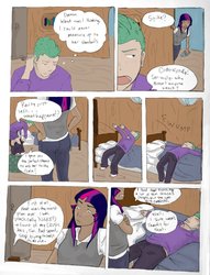 Size: 781x1023 | Tagged: safe, artist:demdoodles, spike, twilight sparkle, comic:measurements, g4, comic, dark skin, humanized