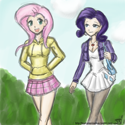 Size: 1280x1280 | Tagged: safe, artist:johnjoseco, artist:michos, fluttershy, rarity, human, g4, clothes, dress, humanized, pantyhose, skirt