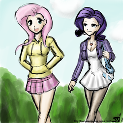 Size: 1280x1280 | Tagged: safe, artist:johnjoseco, artist:michos, fluttershy, rarity, human, g4, clothes, dress, humanized, pantyhose, skirt