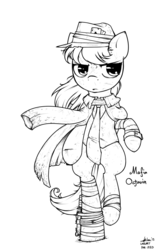 Size: 950x1510 | Tagged: safe, artist:alec, octavia melody, earth pony, pony, g4, ask-mafia-octavia, female, hat, monochrome, necktie, simple background, solo