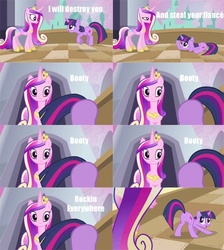 Size: 512x572 | Tagged: safe, edit, edited screencap, screencap, queen chrysalis, twilight sparkle, friendship is witchcraft, a canterlot wedding, g4, ass up, booty booty booty booty rockin' everywhere, bubba sparxxx, butt, butt shake, face down ass up, fake cadance, looking back, ms. new booty, open mouth, plot, prancing, prone, smiling, song reference, sunshine sunshine, twibutt, wide eyes