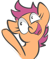 Size: 328x386 | Tagged: safe, artist:steeve, scootaloo, pegasus, pony, g4, bust, female, filly, foal, open mouth, open smile, raised hoof, simple background, smiling, solo, white background