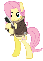 Size: 974x1362 | Tagged: safe, fluttershy, g4, cosplay, crossover, gif, gun, leon s. kennedy, non-animated gif, resident evil