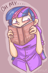 Size: 263x398 | Tagged: safe, artist:steeve, twilight sparkle, human, g4, blushing, book, female, humanized, oh my, solo, talking, wide eyes