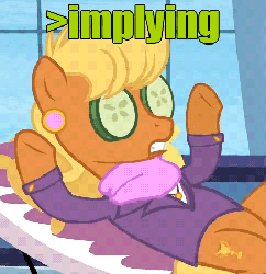 Size: 455x469 | Tagged: safe, ms. harshwhinny, earth pony, pony, g4, air quotes, animated, female, frown, greentext, image macro, implying, meme, on back, open mouth, reaction image, solo, talking, text, underhoof