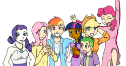 Size: 3600x1880 | Tagged: safe, artist:jinglesrasco, applejack, fluttershy, pinkie pie, rainbow dash, rarity, spike, twilight sparkle, g4, dark skin, female, humanized, mane seven, mane six, simple background, transparent background