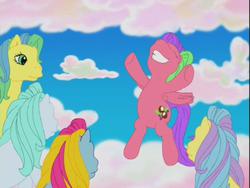 Size: 640x480 | Tagged: safe, screencap, bubble balloon, coconut grove, skip and along, splash and down, thistle whistle, friends are never far away, g3, background pony, grin, smiling