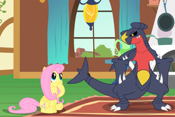 Size: 1280x853 | Tagged: safe, artist:elsdrake, fluttershy, garchomp, g4, crossover, pokémon