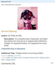 Size: 640x751 | Tagged: safe, artist:whitediamonds, screencap, twilight sparkle, pony, equestria daily, fanfic:a beautiful day in equestria, g4, fanfic, female, meta, solo, text