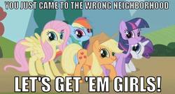 Size: 781x422 | Tagged: safe, applejack, fluttershy, rainbow dash, rarity, twilight sparkle, g4, image macro, twiface, wrong neighborhood