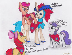 Size: 900x690 | Tagged: safe, artist:neonredwings, apple bloom, scootaloo, sweetie belle, keldeo, g4, crossover, cutie mark crusaders, pokémon