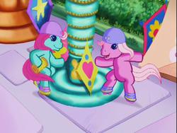 Size: 640x480 | Tagged: safe, screencap, minty, pinkie pie (g3), g3, the runaway rainbow, pole, ribbon, roller skates