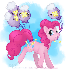 Size: 729x789 | Tagged: safe, artist:cunningfox, pinkie pie, drifloon, g4, crossover, mouth hold, pokémon