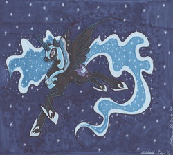 Size: 2504x2240 | Tagged: safe, artist:wolfangkun, nightmare moon, g4, ethereal mane, full body, side view, solo, spread wings, starry background, starry mane, wings