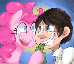 Size: 500x429 | Tagged: dead source, safe, artist:steeve, pinkie pie, earth pony, human, pony, g4, crossover, duo, duo male and female, female, grin, male, mare, once-ler, open mouth, open smile, smiling, the lorax