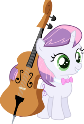 Size: 6000x8811 | Tagged: safe, artist:silveralchemistpony, sweetie belle, pony, unicorn, g4, absurd resolution, bowtie, cello, clothes, costume, cutie mark, female, filly, foal, grin, hooves, musical instrument, octavia melody's cutie mark, simple background, smiling, solo, transparent background, vector