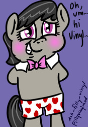 Size: 1008x1440 | Tagged: safe, artist:radhannah, octavia melody, earth pony, pony, g4, 30 minute art challenge, bipedal, blushing, boxers, clothes, female, solo, underwear