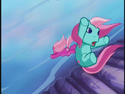 Size: 640x480 | Tagged: safe, minty, pinkie pie, g3, the runaway rainbow, cliff, danger, falling, river, waterfall
