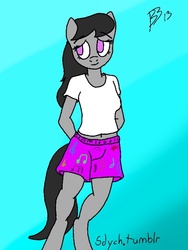 Size: 480x640 | Tagged: safe, artist:sdych, octavia melody, earth pony, anthro, g4, 30 minute art challenge, belly button, bipedal, boxers, clothes, female, midriff, shirt, shorts, solo, underwear