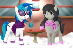 Size: 1233x814 | Tagged: safe, artist:elenminah, dj pon-3, octavia melody, vinyl scratch, g4, clothes, scarf, snow