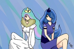 Size: 750x500 | Tagged: safe, artist:elenminah, princess celestia, princess luna, human, g4, humanized