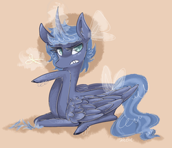 Size: 780x675 | Tagged: dead source, safe, artist:steeve, princess luna, pony, g4, alternate hairstyle, female, prone, solo, younger