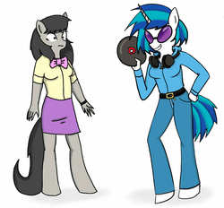 Size: 1140x1060 | Tagged: safe, artist:redsonne, dj pon-3, octavia melody, vinyl scratch, anthro, g4, bipedal, clothes, record