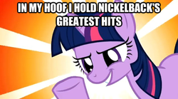 Size: 625x347 | Tagged: safe, twilight sparkle, pony, unicorn, g4, female, image macro, nickelback, smiling, solo