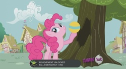 Size: 1035x573 | Tagged: safe, edit, edited screencap, screencap, pinkie pie, g4, it's about time, achievement, achievement unlocked, ball, ball emergency, hub logo