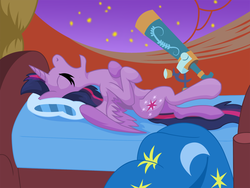 Size: 1200x900 | Tagged: safe, artist:philith, twilight sparkle, alicorn, pony, g4, bed, blanket, female, golden oaks library, mare, on back, sleeping, snoring, solo, telescope, twilight sparkle (alicorn), wingboner