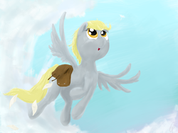 Size: 1600x1200 | Tagged: safe, artist:nemo2d, derpy hooves, pegasus, pony, g4, cloud, cloudy, female, mail, mare, saddle bag, solo, underp