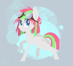 Size: 2200x2000 | Tagged: safe, artist:silbersternenlicht, blossomforth, pegasus, pony, g4, female, goggles, mare, raised hoof, smiling, solo