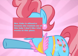 Size: 500x363 | Tagged: safe, screencap, cup cake, offensive ponies, a bird in the hoof, g4, meta, text