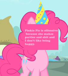 Size: 500x552 | Tagged: safe, screencap, pinkie pie, offensive ponies, g4, meta, text