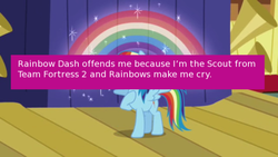 Size: 500x281 | Tagged: safe, edit, edited screencap, screencap, rainbow dash, offensive ponies, boast busters, g4, meta, rainbows make me cry, scout (tf2), team fortress 2, text