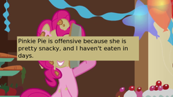 Size: 500x281 | Tagged: safe, screencap, pinkie pie, offensive ponies, a bird in the hoof, g4, balloon, cake, meta, pie, text