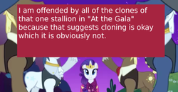 Size: 500x259 | Tagged: safe, edit, edited screencap, screencap, rarity, pony, unicorn, offensive ponies, g4, the best night ever, clothes, dress, female, gala dress, grand galloping gala, male, mare, meme, meta, stallion, text