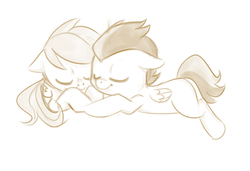 Size: 604x412 | Tagged: safe, artist:jessy, rumble, scootaloo, g4, female, male, sleeping