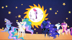 Size: 1280x720 | Tagged: safe, princess cadance, princess celestia, princess luna, shining armor, trixie, twilight sparkle, alicorn, pony, unicorn, double rainboom, g4, cape, clothes, crown, female, glowing, glowing eyes, hat, horn, jewelry, magic, male, mare, moon, night, pointy ponies, raised hoof, regalia, shoes, sparkles, spread wings, stallion, stars, sun, trixie is not amused, trixie's cape, trixie's hat, unamused, unicorn twilight, wings