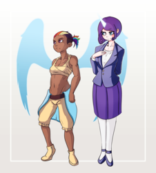 Size: 950x1050 | Tagged: safe, artist:fore-trekker, rainbow dash, rarity, human, g4, belly button, clothes, dark skin, horn, horned humanization, humanized, midriff, sports bra, suit, winged humanization