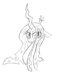 Size: 1990x2448 | Tagged: safe, artist:leadhooves, queen chrysalis, changeling, changeling queen, g4, bust, crown, female, jewelry, monochrome, regalia, sketch, solo