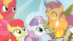 Size: 1280x720 | Tagged: safe, apple bloom, big macintosh, scootaloo, sweetie belle, earth pony, pegasus, pony, unicorn, double rainboom, g4, confused, cutie mark crusaders, eyes closed, female, filly, foal, happy, horn, looking at someone, male, open mouth, paint, stallion