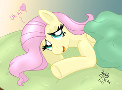 Size: 1280x940 | Tagged: safe, artist:joakaha, fluttershy, pony, g4, bed, blanket, dialogue, female, heart, morning ponies, solo